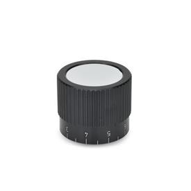 GN 726.1 Aluminum Knurled Control Knobs, Straight Shoulder, Plain Bore or Collet Type Type: S - With scale 0...9, 20 graduations<br />Identification No.: 2 - With collet