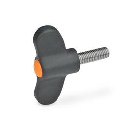 EN 633.1 Technopolymer Plastic Wing Screws, with Stainless Steel Threaded Stud, Ergostyle® Color of the cover cap: DOR - Orange, RAL 2004, matte finish