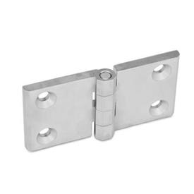 GN 237 Stainless Steel Hinges, with Extended Hinge Wing Material: NI - Stainless steel<br />Type: A - 2x2 bores for countersunk screws<br />Finish: GS - Matte shot-blasted finish<br />Scharnierflügel: l3 = l4