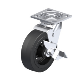 WN 22876.1 Steel Medium Duty Casters, Rubber Wheel Tread, Cast Iron Wheel Core, Medium Version Bracket type: LF - Swivel bracket with mounting plate, with wheel brake