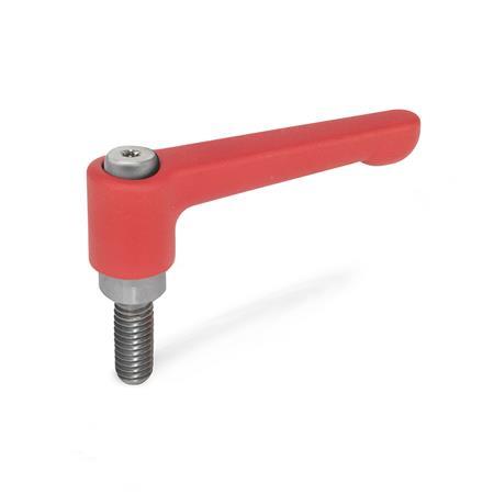 GN 302.1 Zinc Die-Cast Straight Adjustable Levers, Threaded Stud Type, with Stainless Steel Components Color: RS - Red, RAL 3000, textured finish