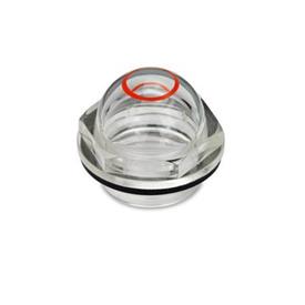 EN 546.1 Mirillas de líquido, de plástico cristal transparente, con forma de domo, con anillo de marcado 