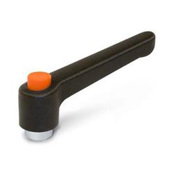 WN 303.2 Manijas ajustables de plástico, con botón pulsador, tipo orificio roscado, con componentes de acero zincado Color de la palanca: SW - Negro, RAL 9005, acabado texturizado<br />Color del botón pulsador: O - Naranja, RAL 2004