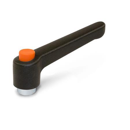 WN 303.2 Manijas ajustables de plástico, con botón pulsador, tipo orificio roscado, con componentes de acero zincado Color de la palanca: SW - Negro, RAL 9005, acabado texturizado
Color del botón pulsador: O - Naranja, RAL 2004