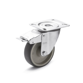 EN 22872 Steel / Stainless Steel Medium Duty Casters, Thermoplastic Elastomer Wheel Tread, Polypropylene Wheel Core, Light Version Bearing type: G - Friction bearing<br />Bracket type: LF - Swivel bracket with mounting plate, with total lock brake<br />Coding: L - Light version<br />Bracket material: ST - Steel sheet metal