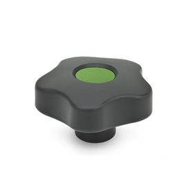 EN 5337.7 Technopolymer Plastic Five-Lobed Knobs, with Stainless Steel Tapped Blind Bore Insert Type: E - With cover cap (tapped blind bore)<br />Color of the cover cap: DGN - Green, RAL 6017, matte finish