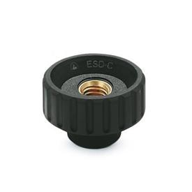 EN 590 Technopolymer Plastic Antistatic Knurled Nuts, with Brass Tapped Through or Tapped Blind Bore Insert Type: D - With tapped through bore<br />Material: ESD - Plastic