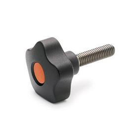 EN 5337.7 Technopolymer Plastic Five-Lobed Knobs, with Stainless Steel Threaded Stud Color of the cover cap: DOR - Orange, RAL 2004, matte finish
