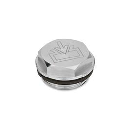 GN 742 Tapones de llenado / drenaje de líquido, de aluminio, con o sin símbolo, resistente hasta 356 °F Tipo: ES - Con símbolo de llenado, acabado liso<br />Identificación núm.: 1 - Sin perforación de ventilación