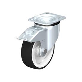 LK-POTH Rodajas giratorias de acero con rueda con banda de poliuretano de servicio medio, con placa de montaje, serie de soportes de servicio medio-pesado Type: K-FI - Cojinete de bolas con freno «stop-fix»