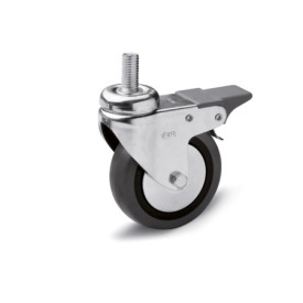 EN 22870 Steel Light Duty Casters, Rubber Wheel Tread, Polypropylene Wheel Core, Light Version Bearing type: G - Friction bearing<br />Bracket type: GF - Swivel bracket with threaded stud, with total lock brake<br />Coding: L - Light version