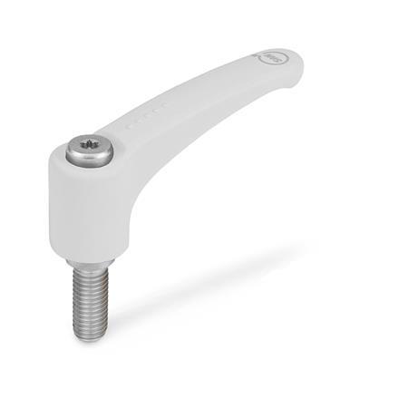 EN 604.1 Antibacterial Plastic Adjustable Levers, Ergostyle®, Threaded Stud Type, with Stainless Steel Components Color: WSA - White, RAL 9016, matte finish