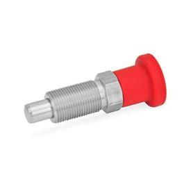 GN 817 Stainless Steel Indexing Plungers, Lock-Out and Non Lock-Out, with Multiple Pin Lengths, with Red Knob Material: NI - Stainless steel<br />Type: B - Non lock-out, without lock nut<br />Color: RT - Red, RAL 3000, matte finish