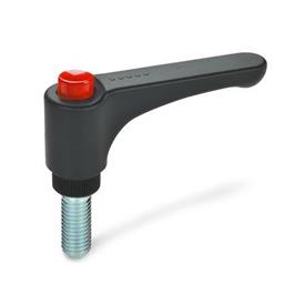 EN 600 Technopolymer Plastic Straight Adjustable Levers, Ergostyle®, with Push Button, Threaded Stud Type, with Steel Components Color of the push button: DRT - Red, RAL 3000, shiny finish