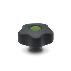 EN 5337.6 Technopolymer Plastic Five-Lobed Knobs, with Brass Tapped Insert with Colored Cover Caps, Softline Color of the cover cap: DGN - Green, RAL 6017, matte finish