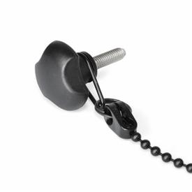 EN 5342.13 Perillas de tres lóbulos de plástico tecnopolímero con protección contra pérdida, con espárrago de acero inoxidable Protección contra pérdida: P - Con cadena de bolas de plástico