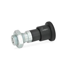 GN 816.1 Steel Locking Indexing Plungers, Plunger Pin Retracted in Normal Position Type: AK - Operation with knob, black sleeve, with lock nut