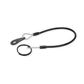 GN 111.2 Stainless Steel AISI 304 Retaining Cables, with 2 Key Rings or with 1 Key Ring and 1 Mounting Tab Type: B - With 1 mounting tab and 1 key ring<br />Color: SW - Black