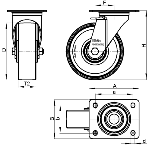  L-G Rodajas giratorias de acero zincado con ruedas de hierro fundido de servicio medio, con placa de montaje, serie de soportes estándar boceto