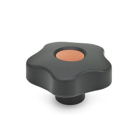 EN 5337.2 Technopolymer Plastic Five-Lobed Knobs, with Brass / Steel Tapped or Plain Blind Bore Insert Type: E - With cover cap (tapped blind bore)
Color of the cover cap: DOR - Orange, RAL 2004, matte finish