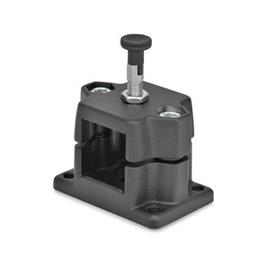GN 147.7 Aluminium, noix de serrage avec embase, avec option de positionnement Type: R - Avec doigt d'indexage<br />Couleur: SW - Noir, RAL 9005, finition texturée