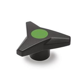 EN 533 Technopolymer Plastic Three-Lobed Knobs, with Brass / Stainless Steel Tapped Insert Color of the cover cap: DGN - Green, RAL 6017, matte finish