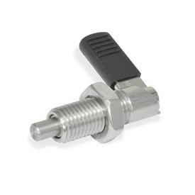 GN 721.6 Stainless Steel Cam Action Indexing Plungers, Lock-Out, with 180° Limit Stop Type: RBK - Right hand limit stop, with plastic sleeve, with lock nut