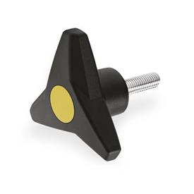 EN 533.6 Technopolymer Plastic Three-Lobed Knobs, Softline, with Steel Threaded Stud Color of the cover cap: DGB - Yellow, RAL 1021, matte finish