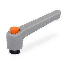 WN 303 Nylon Plastic Adjustable Levers with Push Button, Tapped or Plain Bore Type, with Blackened Steel Components Lever color: GS - Gray, RAL 7035, textured finish<br />Push button color: O - Orange, RAL 2004