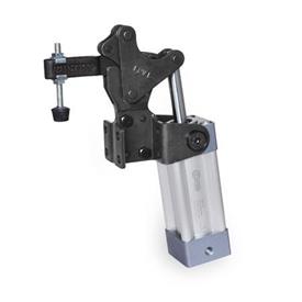 GN 962 Steel Heavy Duty Pneumatic Toggle Clamps, with Vertical Mounting Base, with Magnetic Piston Type: CPV - Clamping arm with slotted hole, with two flanged washers and GN 708.1 spindle assembly