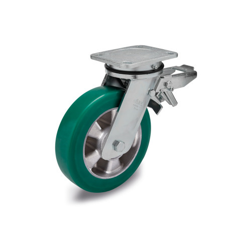 EN 22886 Steel Heavy Duty Casters, Polyurethane Wheel Tread, Aluminum Wheel Core, Heavy Version Bearing type: K - Annular ball bearing
Bracket type: LF - Swivel bracket with mounting plate, with total lock brake
Coding: H - Heavy version
Bracket material: ST - Steel sheet metal