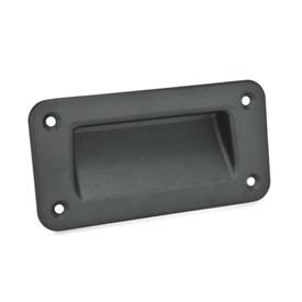 GN 7330 Zinc Die-Cast Gripping Trays, Screw-In Type Type: A - Mounting from the operator's side (for identification no. 2 with four countersunk sealing screws)<br />Identification no.: 1 - Without seal<br />Finish: SW - Black, RAL 9005, textured finish