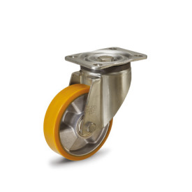 EN 22885 Steel Medium Duty Casters, Polyurethane Wheel Tread, Aluminum Wheel Core, Medium Version Bearing type: K - Annular ball bearing<br />Bracket type: L - Swivel bracket with mounting plate<br />Coding: M - Medium version<br />Bracket material: ST - Steel sheet metal