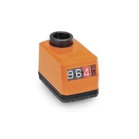 EN 955 Indicateurs de position numériques miniatures en plastique, écran 3 chiffres, réceptacle de l'arbre en acier Installation (vue de face): AR - Sur le chanfrein, ci-dessous<br />Couleur: OR - Orange, RAL 2004