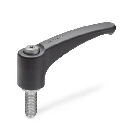 EN 604.1 Technopolymer Plastic Adjustable Levers, Threaded Stud Type, with Stainless Steel Components, Ergostyle® Color: SG - Black-gray, RAL 7021, matte finish