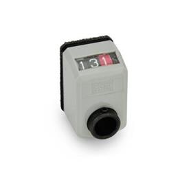 EN 955 Technopolymer Plastic Digital Position Indicators, 3 Digit Display, Steel Shaft Receptacle Installation (Front view): AN - On the chamfer, above<br />Color: GR - Gray, RAL 7035