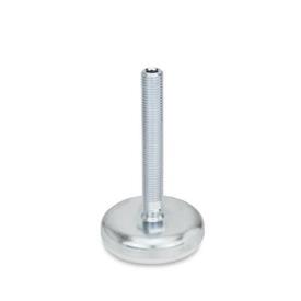 GN 30 Steel Sheet Metal Leveling Feet, Tapped Socket or Threaded Stud Type, with Rubber Pad Type (Base): A2 - Steel, zinc plated, rubber pad inlay, white<br />Version (Stud / Socket): U - Without nut, internal hex at the top, wrench flat at the bottom