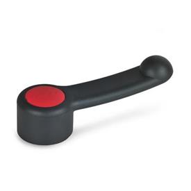 EN 623 Technopolymer Plastic Control Levers, Ergostyle®, Steel Hub, with Round or Square Through Bore, or Keyway Color of the cover cap: DRT - Red, RAL 3000, matte finish