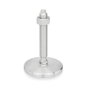 GN 21 Metric Thread, Stainless Steel Leveling Feet, Tapped Socket or Threaded Stud Type, with Turned Base, without Mounting Holes Type (Base): D0 - Fine turned, without rubber pad<br />Version (Stud / Socket): VK - With nut, external hex at the top, wrench flat at the bottom