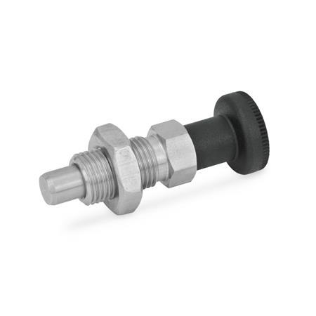 GN 717 Stainless Steel Indexing Plungers, Lock-Out and Non Lock-Out, with Knob Type: BK - Non lock-out, with lock nut
Material: NI - Stainless steel