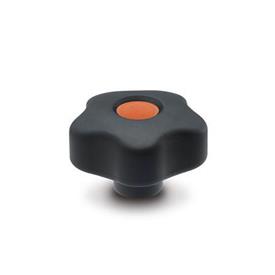 EN 5337.6 Technopolymer Plastic Five-Lobed Knobs, Softline, with Brass Tapped Insert with Colored Cover Caps Color of the cover cap: DOR - Orange, RAL 2004, matte finish