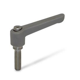WN 300.1 Nylon Plastic Adjustable Levers, Threaded Stud Type, with Stainless Steel Components Color: GS - Gray, RAL 7035, textured finish