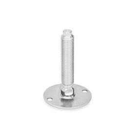 GN 41 Metric Thread, Stainless Steel Leveling Feet, Tapped Socket or Threaded Stud Type Type (Base): B0 - Without rubber pad / cap, with 2 mounting holes<br />Version (Stud / Socket): V - Without nut, external hex at the top, wrench flat at the bottom