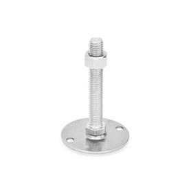 GN 44 Stainless Steel AISI 316L Leveling Feet, Threaded Stud Type Type (Base): B0 - Without rubber pad / cap, with 2 mounting holes<br />Version (Stud): SK - With nut, external hex at the bottom