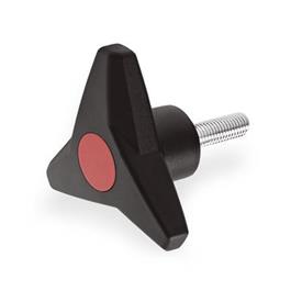 EN 533 Technopolymer Plastic Three-Lobed Knobs, with Steel Threaded Stud Color of the cover cap: DRT - Red, RAL 3000, matte finish