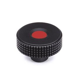 EN 534 Technopolymer Plastic Diamond Cut Knurled Knobs, with Brass Tapped or Plain Blind Bore Insert, with Colored Cap Cover cap color: DRT - Red, RAL 3000, matte finish