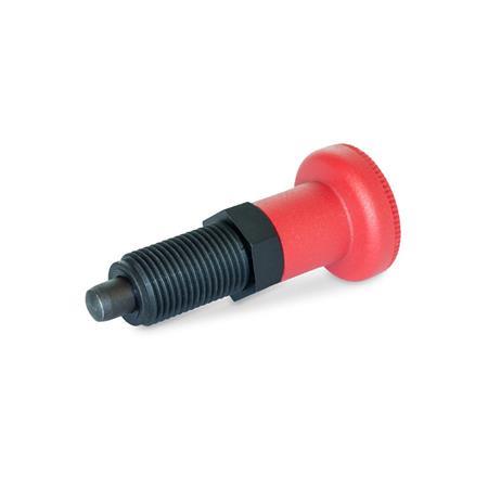 EN 617.2 Plastic Indexing Plungers, with Steel Plunger Pin, Lock-Out and Non Lock-Out, with Red Knob Type: B - Non lock-out, without lock nut
Material: ST - Steel
