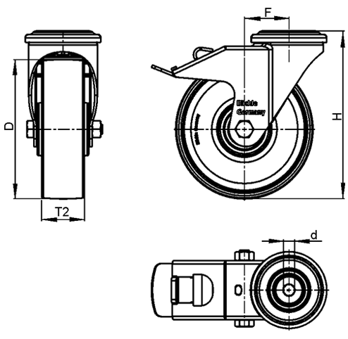  LKRA-POA Rodajas giratorias de acero con rueda de nylon negro, montaje con agujero para perno, serie de soportes de servicio pesado boceto