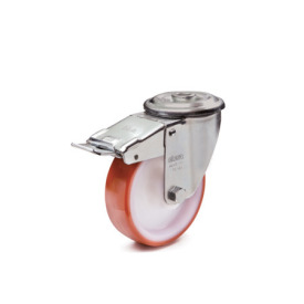 EN 22882 Steel / Stainless Steel Medium Duty Casters, Polyurethane Wheel Tread, Polyamide Wheel Core, Light Version Bearing type: G - Friction bearing<br />Bracket type: RF - Swivel bracket with center hole, with total lock brake<br />Coding: L - Light version<br />Bracket material: NI - Stainless steel sheet metal