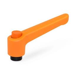 WN 303 Nylon Plastic Adjustable Levers with Push Button, Tapped or Plain Bore Type, with Blackened Steel Components Lever color: OS - Orange, RAL 2004, textured finish<br />Push button color: O - Orange, RAL 2004